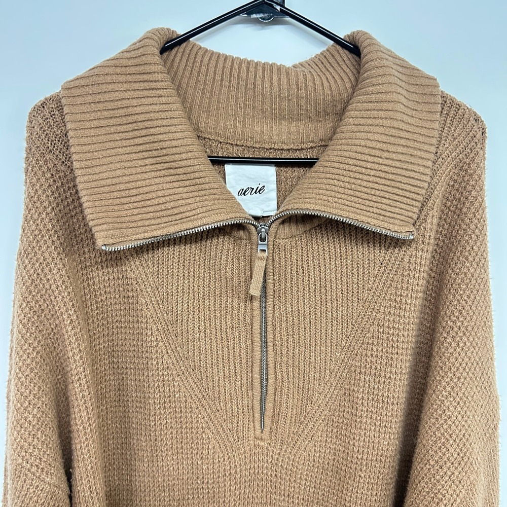 Aerie Oversized Quarter Zip Sweater L Camel Waffle Knit Coastal Old Money - Picture 2 of 12